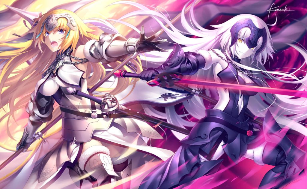 Fate Grand Order wallpaper Jeanne dArc versus Jeanne dArc Alter intense anime battle background