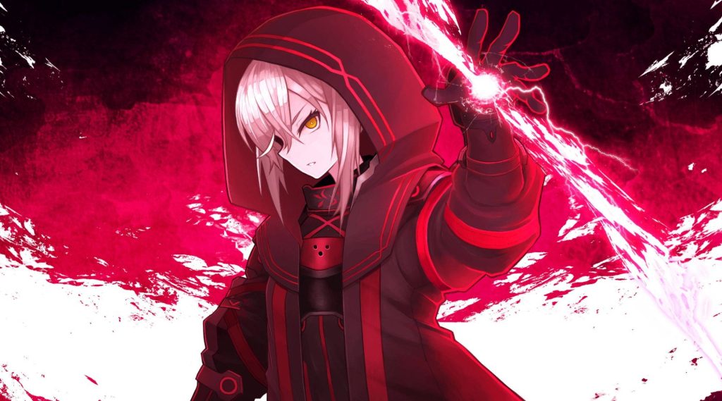 Mysterious Heroine X Alter Fate Grand Order anime wallpaper with red magical energy and black cloak