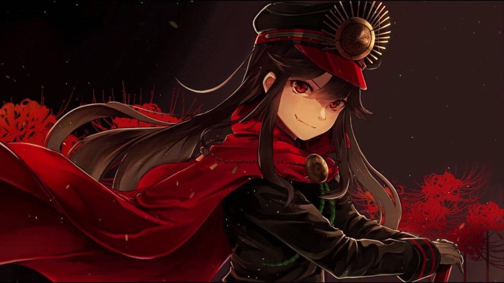 Fate Grand Order Oda Nobunaga anime wallpaper dark uniform red cape glowing red spider lilies