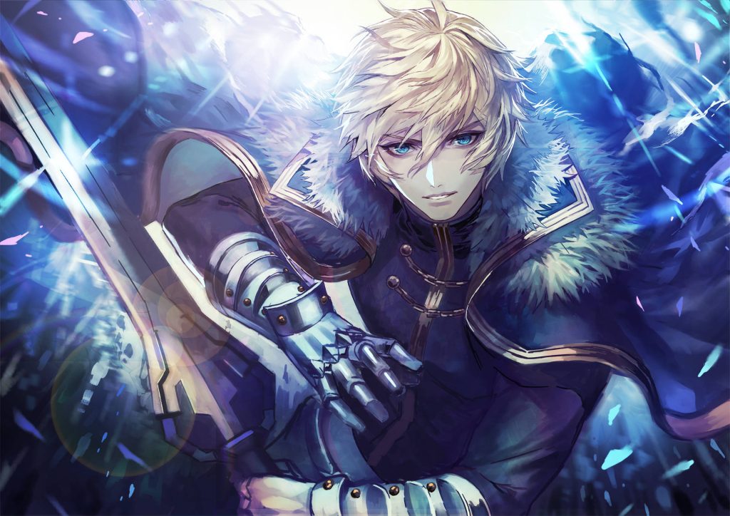 Fate Grand Order wallpaper Sir Gawain blonde knight with blue eyes wielding sword glowing blue background