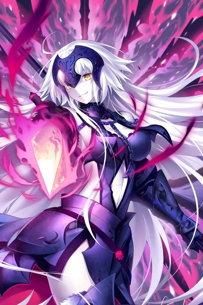 Jeanne dArc Alter Fate Grand Order wallpaper dark armor glowing pink flame sword anime background