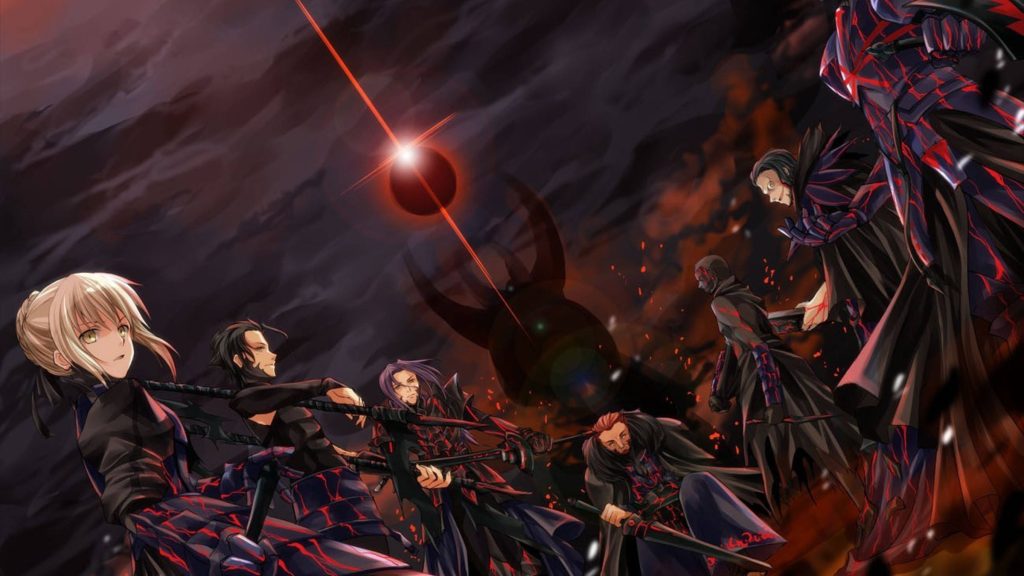 Fate series Saber Alter and corrupted warriors in red black armor under glowing eclipse wallpaper