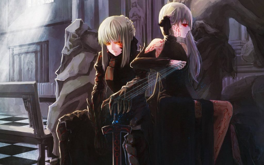 Fate series Saber Alter and Dark Sakura Matou dark wallpaper glowing red eyes anime art