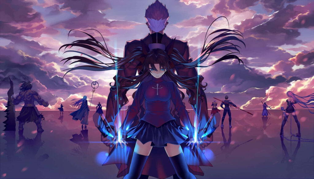 A Stunning Fate Stay Night Character Poster: Embracing Rin Tohsaka's Graceful Anime Charm amidst a Captivating Anime Landscape Wallpaper