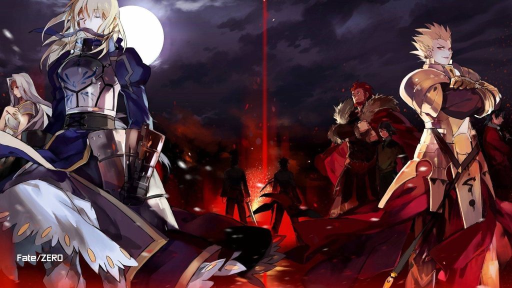 Fate Zero wallpaper Saber Gilgamesh Rider moonlit night fiery battle anime illustration