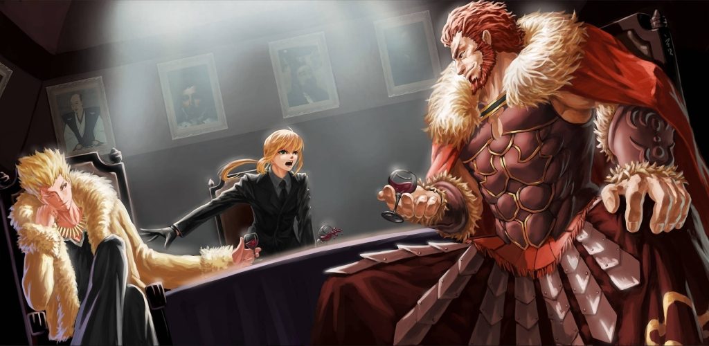 Fate Zero wallpaper Saber Archer Gilgamesh Rider Iskandar sharing wine in dramatic banquet scene