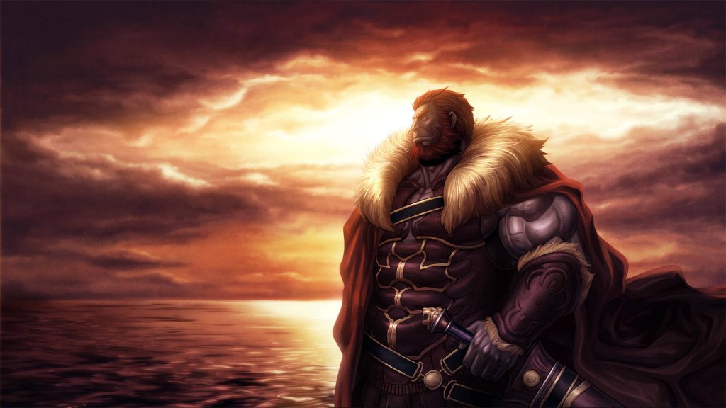 Rider Iskandar from Fate Zero stands strong by ocean sunset with fur cape and muscular build Wallpaper