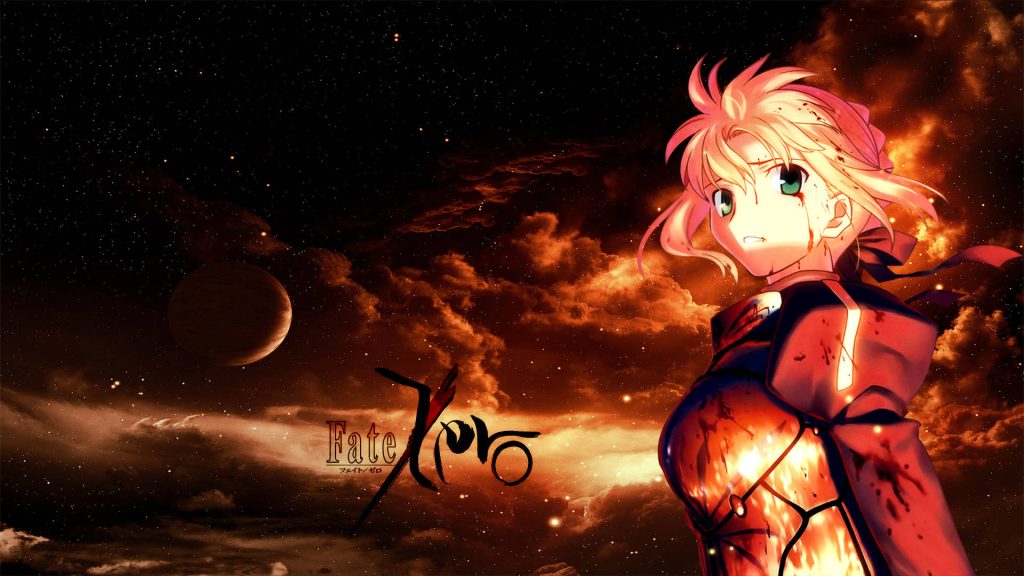 Wounded Saber from Fate Zero under fiery cosmic sky with stars and dark planet background Wallpaper
