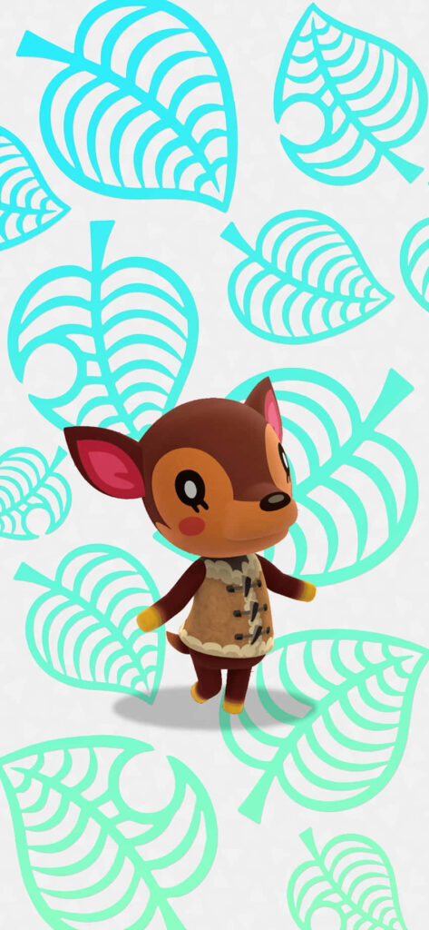 Fauna the deer from Animal Crossing New Horizons with teal leaf pattern wallpaper background