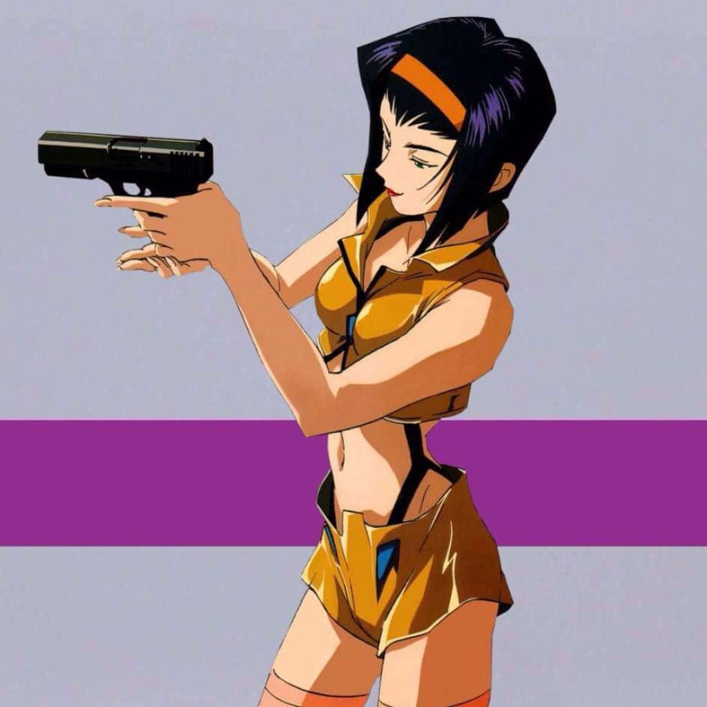 Faye Valentine Cowboy Bebop anime wallpaper holding handgun in signature yellow outfit background