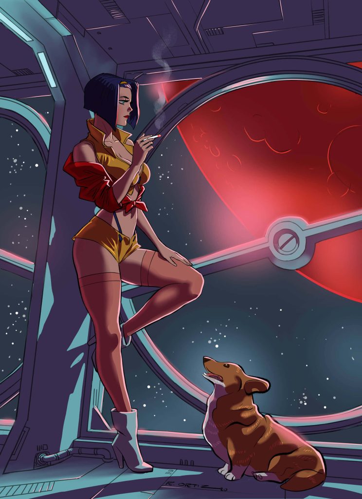 Faye Valentine and Ein the Corgi in spaceship with glowing red planet cowboy bebop art wallpaper
