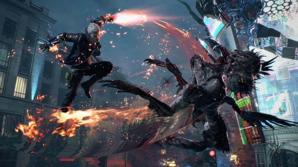 Fearless Dante battles demonic enemy in fiery urban chaos Devil May Cry action wallpaper background