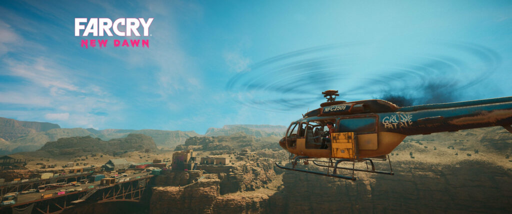Awe-inspiring Female Aviator Soaring Above Scenic Far Cry New Dawn Landscape: Witness the Breathtaking Vistas near the Bridge of Tears Wallpaper