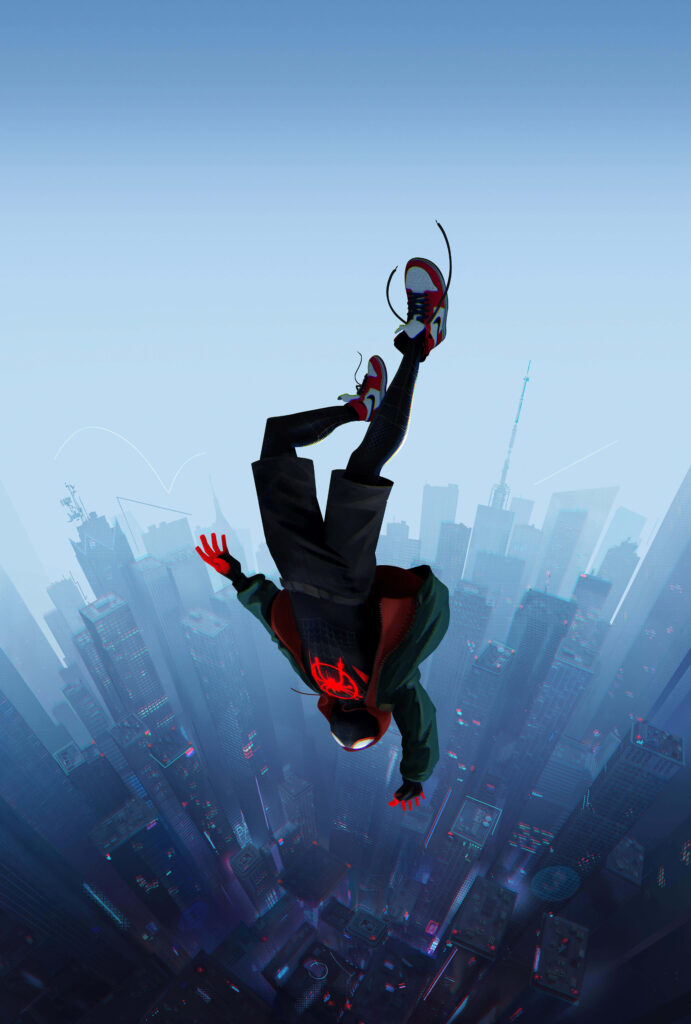Web-Slinging Spectacular: Miles Morales Takes a Gravity-Defying Plunge amidst the Cityscape Wallpaper