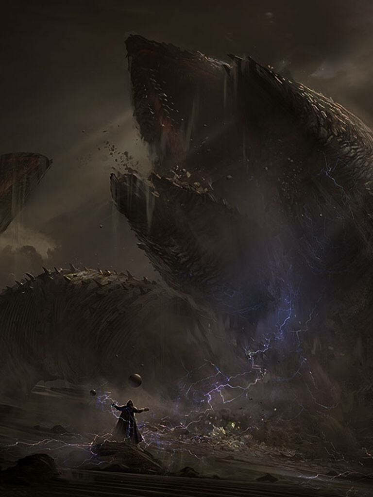Fearless Man vs. Monstrous Creature: Dramatic Stormy Wallpaper