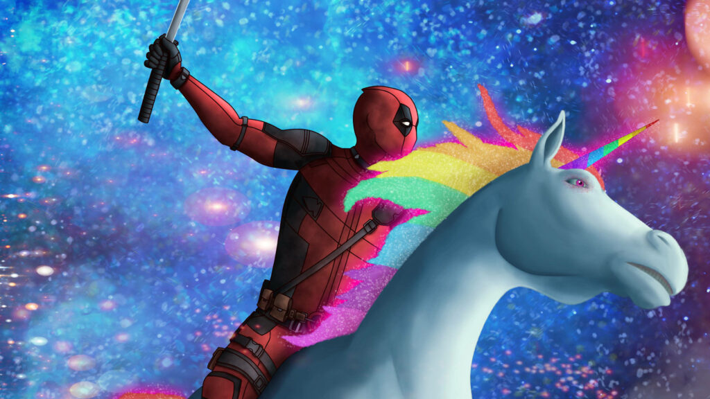 Unicorn Knight: Deadpool's Majestic Ride through a Starlit Landscape Wallpaper