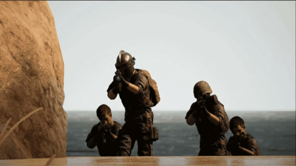FAU-G wallpaper showing tactical soldiers in rocky desert combat scene cinematic lighting