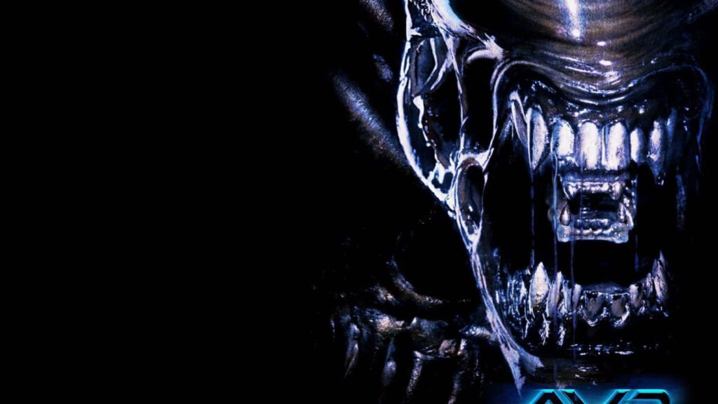 Close-up of fearsome Alien with sharp teeth and open mouth against dark background Predator wallpaper