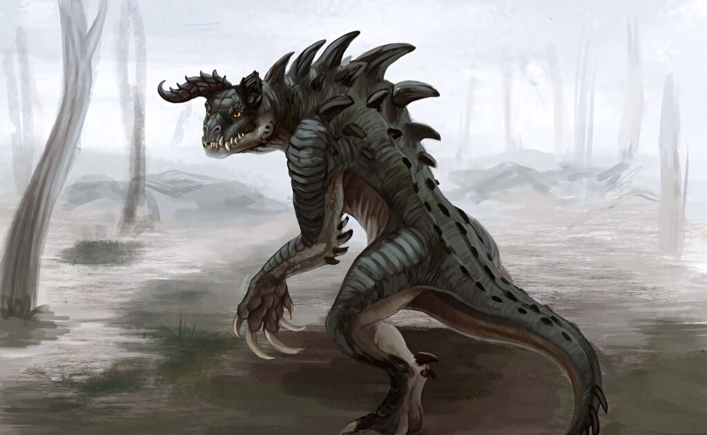 Fearsome Deathclaw with armored scales and glowing eyes in a misty Fallout wasteland wallpaper