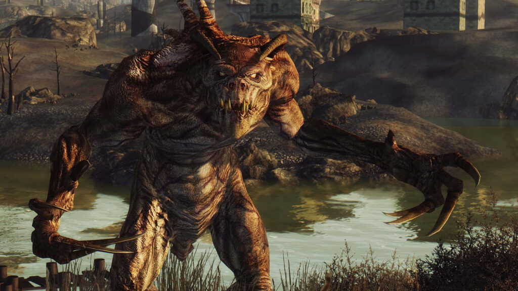 Fearsome Fallout Deathclaw with massive claws by murky river in desolate post-apocalyptic landscape Wallpaper