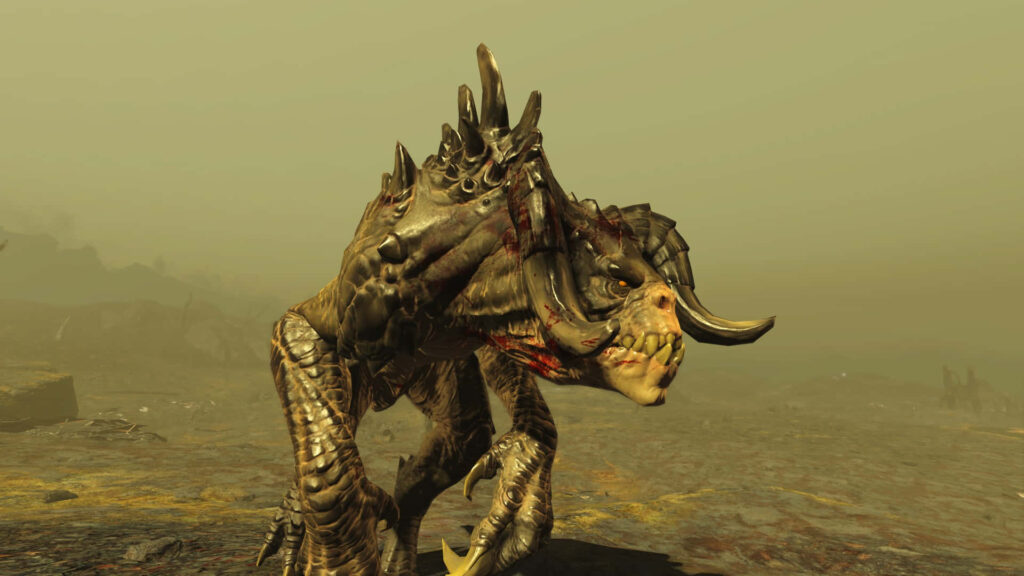 Fearsome Fallout Deathclaw with armored hide and sharp claws in foggy post-apocalyptic wasteland Wallpaper