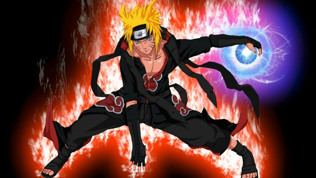 Burning with Power: Fiery Naruto Showcasing His Akatsuki Cloak and Rasengan Ball in Spectacular 3D Wallpaper