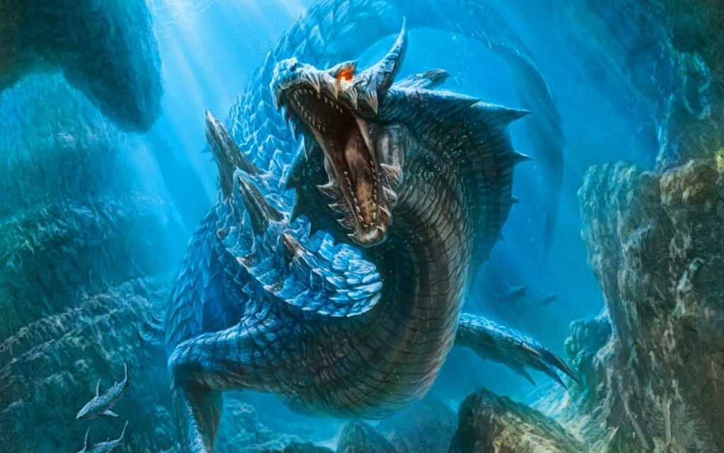 Jaws Unleashed: Majestic Water Dragon Dominates the Deep Blue Ocean Wallpaper