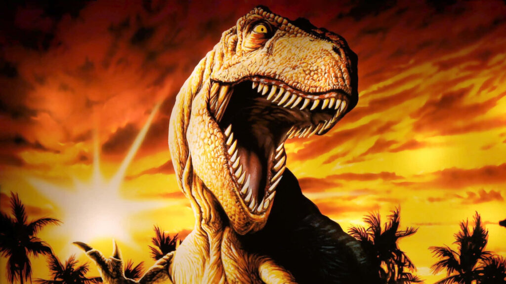 Thrilling T-Rex Wallpaper: Fiery Sunset & Tropical Silhouettes