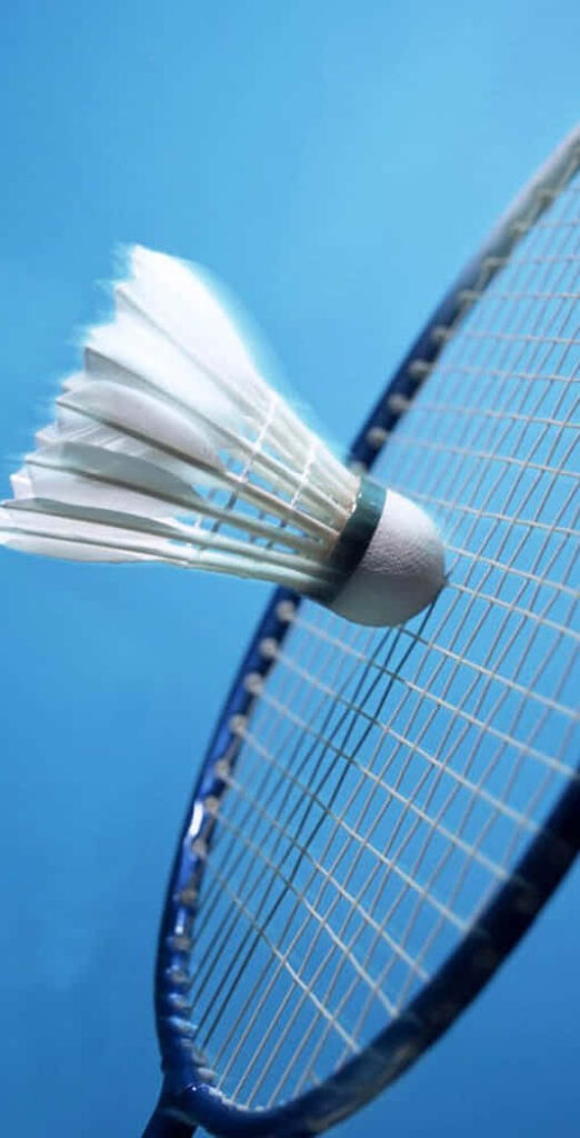 Flight of the Shuttlecock: A Dynamic Badminton Moment Unfolds Amidst a Serene Blue Setting Wallpaper