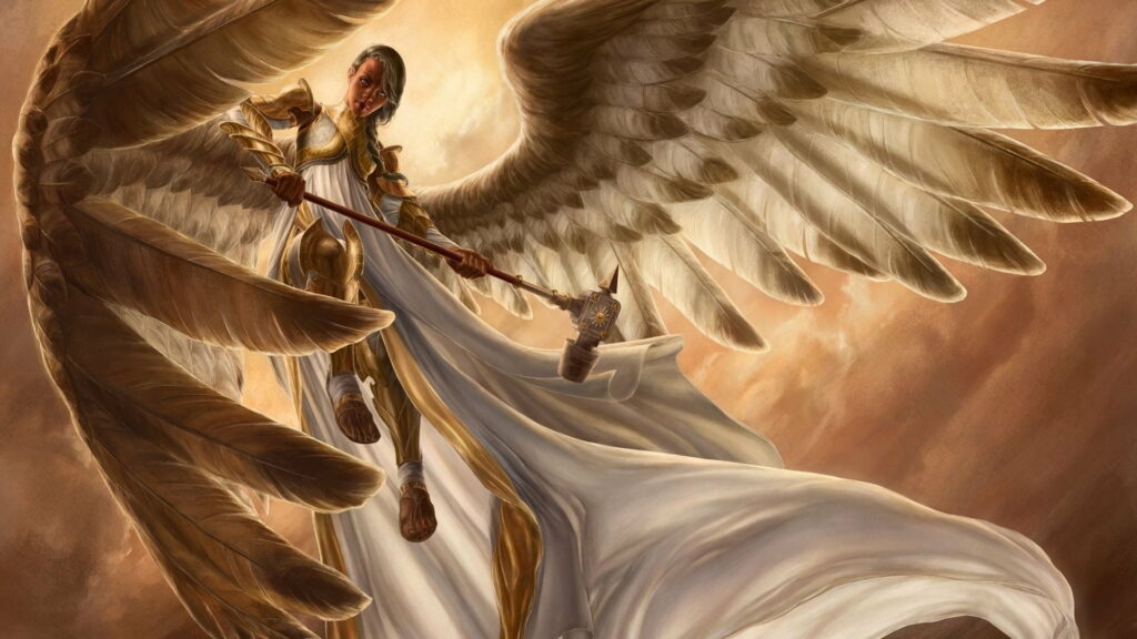 Feathered Enforcer: A Majestic Angel Unleashes Divine Justice with Hammer and Wings in Enchanting Fantasy HD Wallpaper