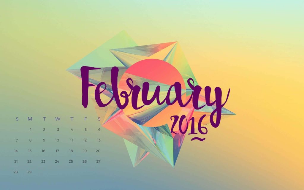 2016 February calendar wallpaper with elegant cursive font vibrant geometric pastel gradient background