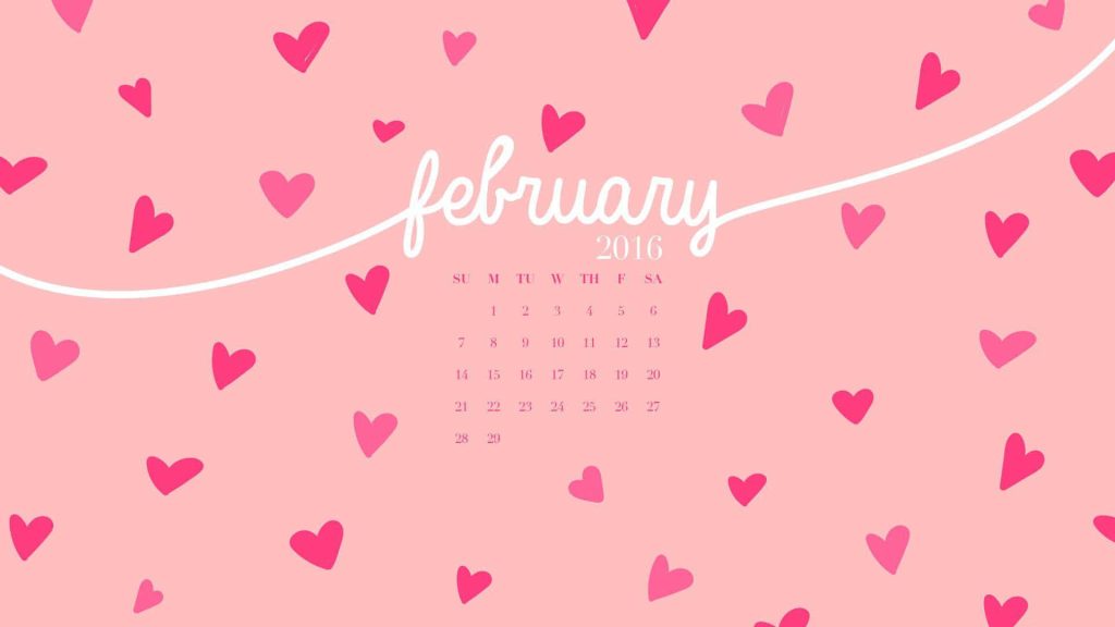 February 2016 calendar wallpaper with soft pink hearts and elegant white cursive lettering background