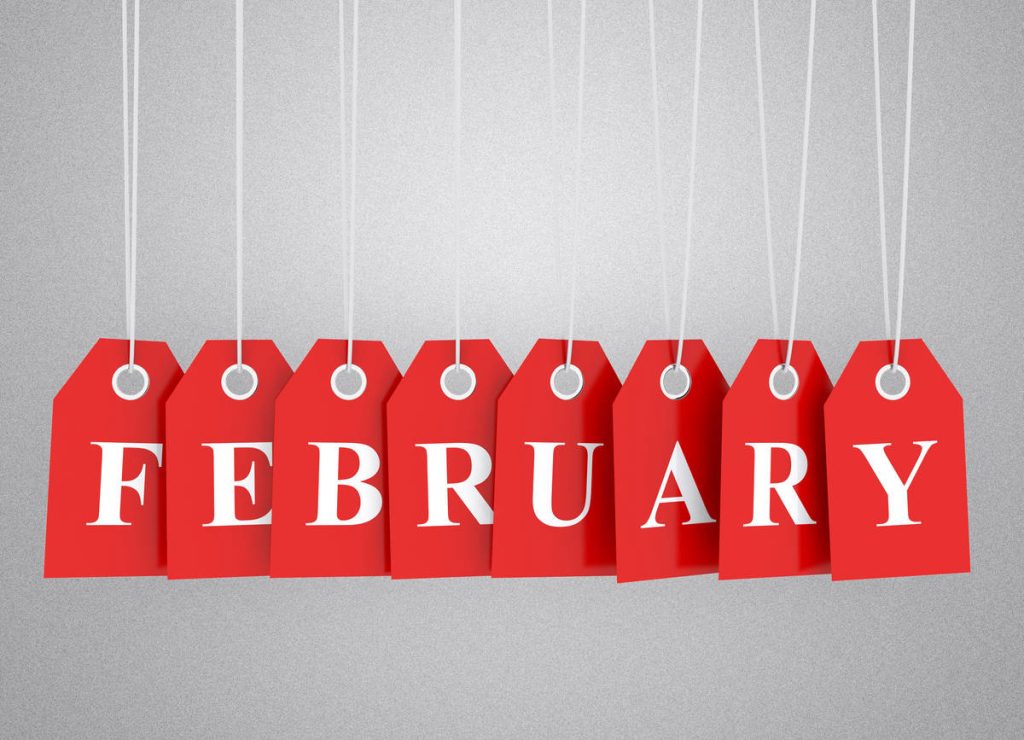3D February letters on red tags hanging by white strings on minimalist grey background wallpaper