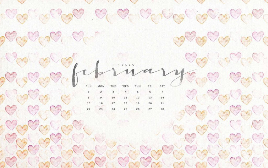 February calendar wallpaper with pastel pink orange hearts and elegant brush-lettered text