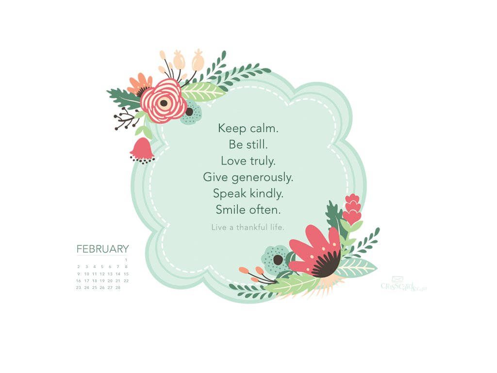 February calendar wallpaper with inspirational quote and vibrant floral mint frame design
