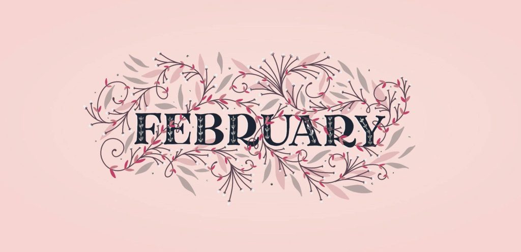 February wallpaper with elegant serif text and whimsical pink and charcoal botanical sprigs