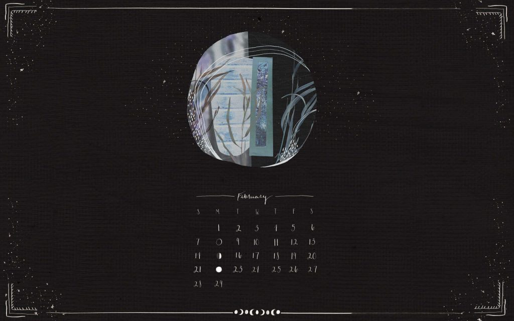 February leap year calendar wallpaper with dark celestial background and moon phases