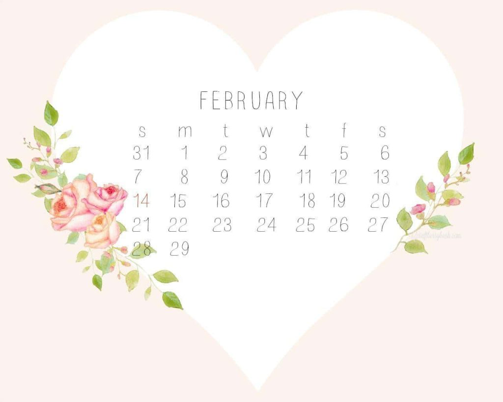 February watercolor calendar with pink roses green leaves soft white heart blush background Wallpaper