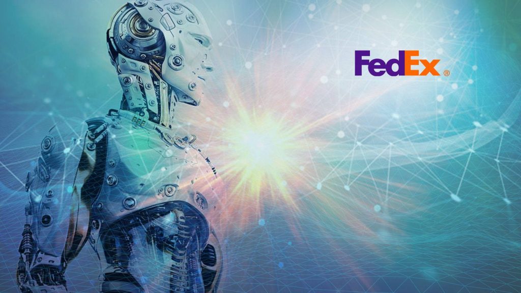 Futuristic AI robot with FedEx branding on glowing cyber grid digital art wallpaper background