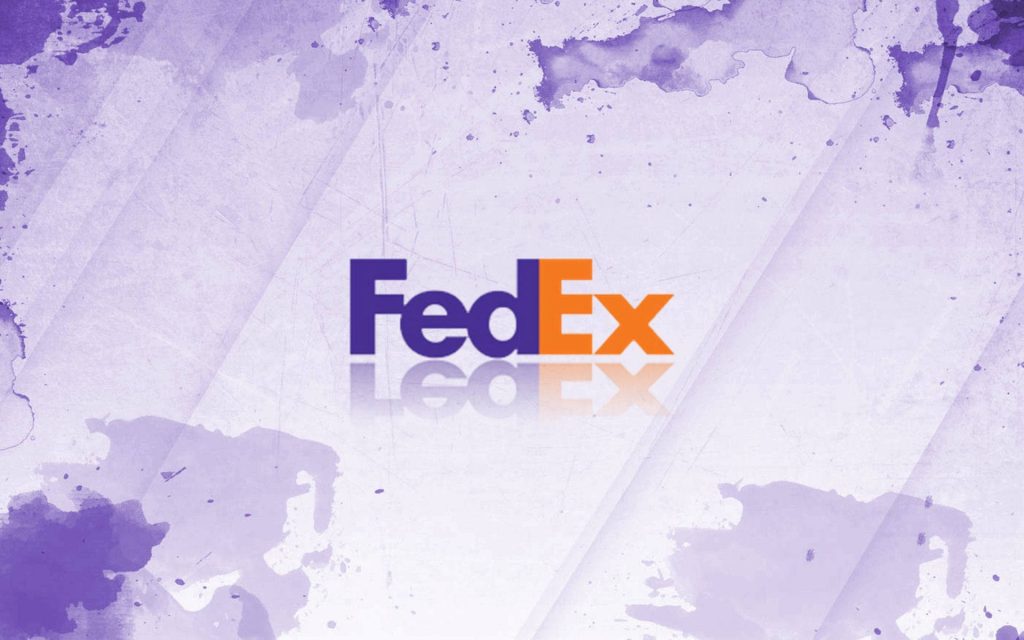 FedEx logo on purple watercolor background with subtle reflection modern corporate wallpaper