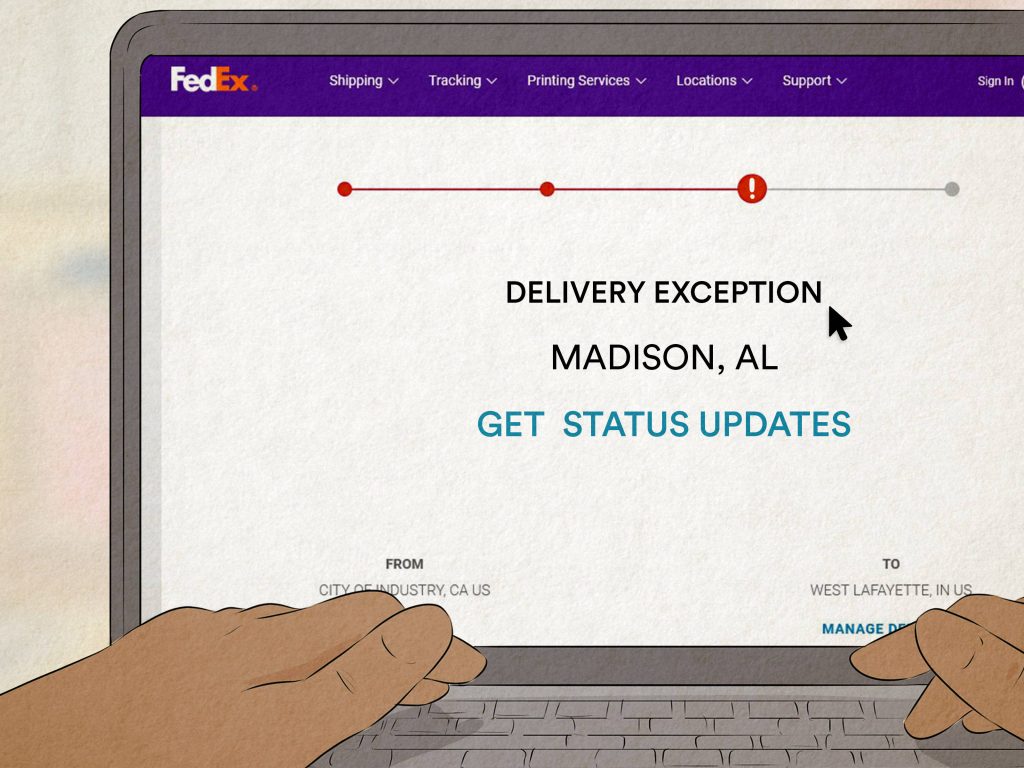 Laptop screen showing FedEx delivery exception alert for package from California to Indiana shipping Wallpaper