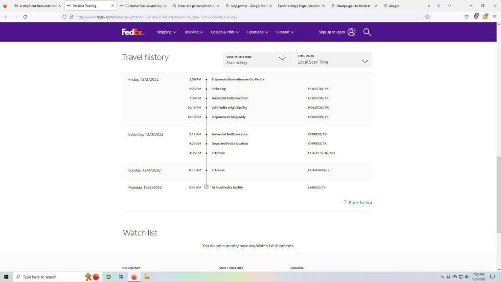 FedEx tracking website screenshot showing detailed travel history and transit events on desktop Wallpaper
