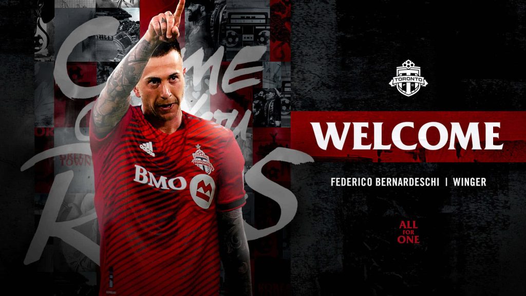 Federico Bernardeschi Toronto FC welcome wallpaper red black kit MLS All For One slogan background