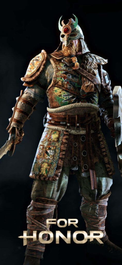 Powerful warrior from For Honor game in intricate armor and mask on dark background Wallpaper