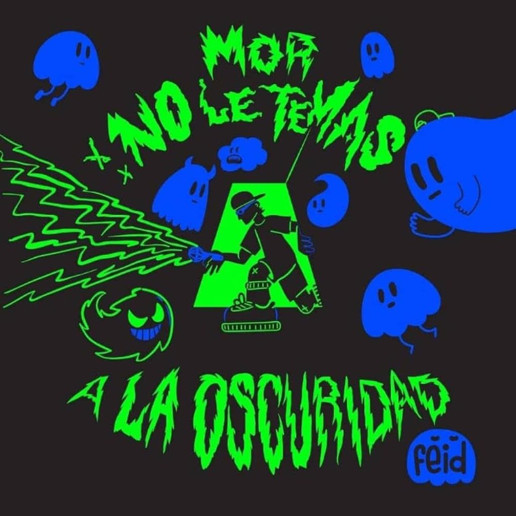 Bold Feid wallpaper with neon green flashlight and blue ghosts from MOR album dark background