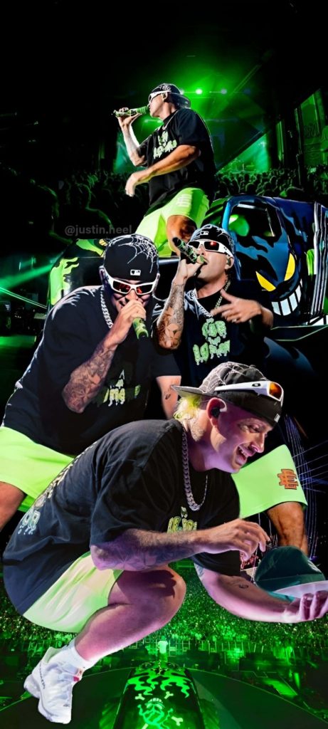 Feid digital collage wallpaper vibrant neon green concert style Colombian reggaeton star background