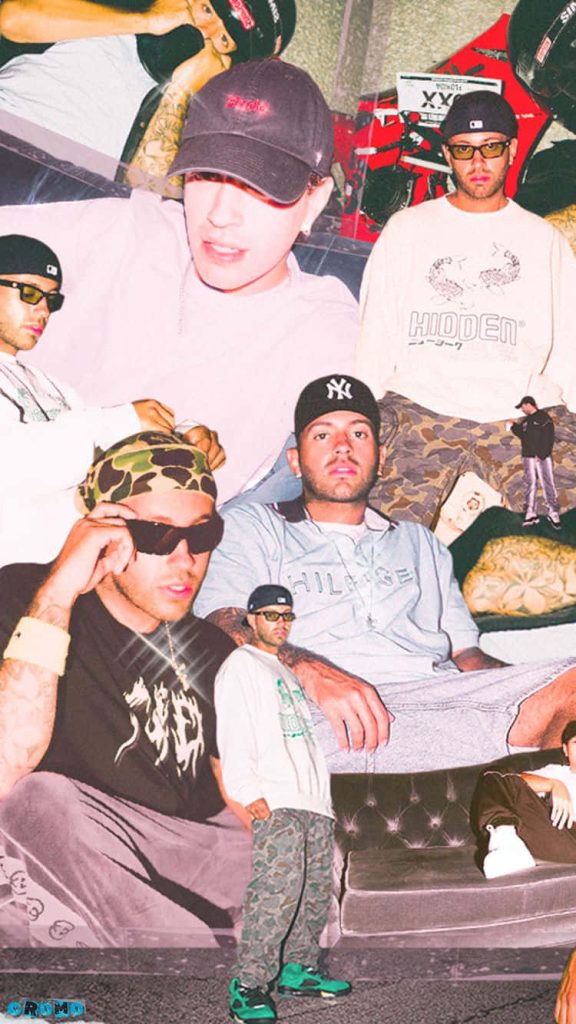 Artistic collage wallpaper of Colombian singer Feid in retro streetwear and iconic Yankees caps