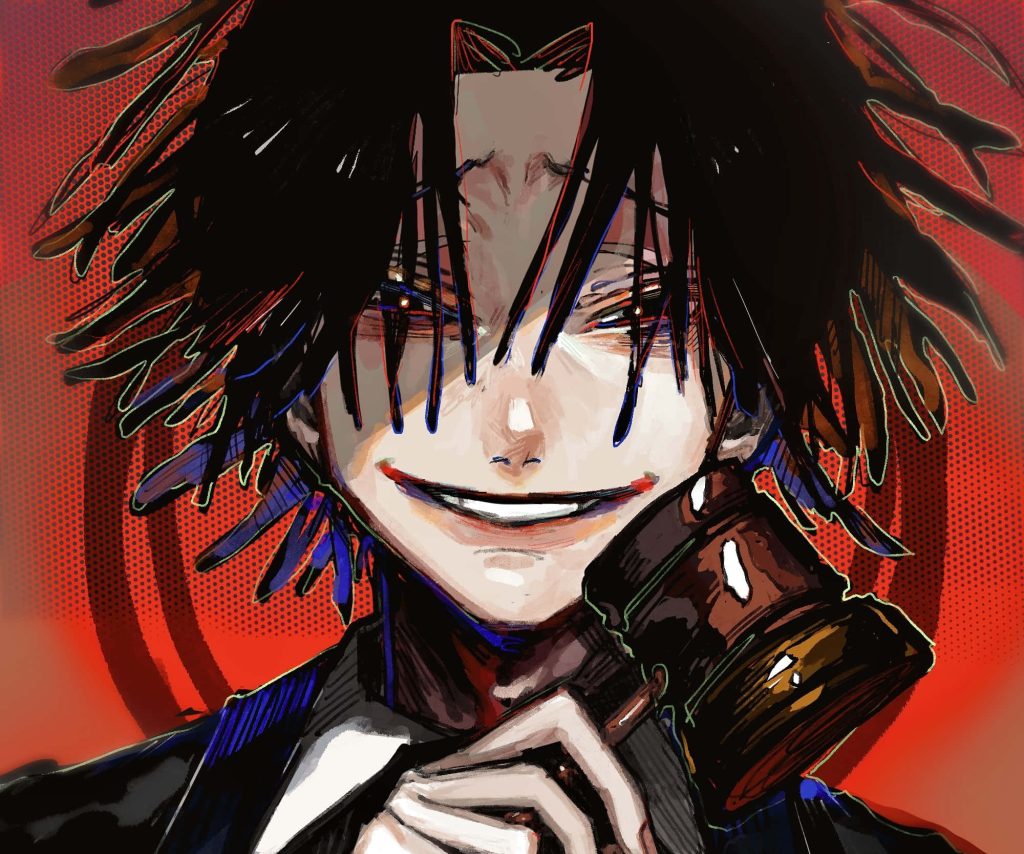 Feitan Hunter x Hunter digital art with sinister smile red eye markings formal suit gavel wallpaper