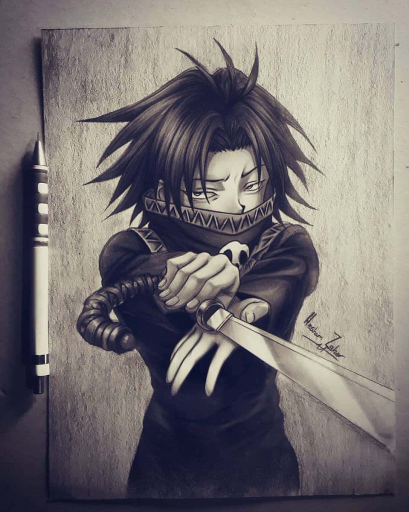 Feitan Portor Hunter x Hunter graphite pencil drawing with mask spiky hair sharp sword detailed fan art Wallpaper