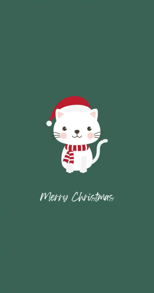 Feline Festivities: Holiday-Themed iPhone Wallpaper with a Jolly Kitty in a Striped Scarf & Santa Hat, Surrounded by 'Merry Christmas' Text on a Green Background
